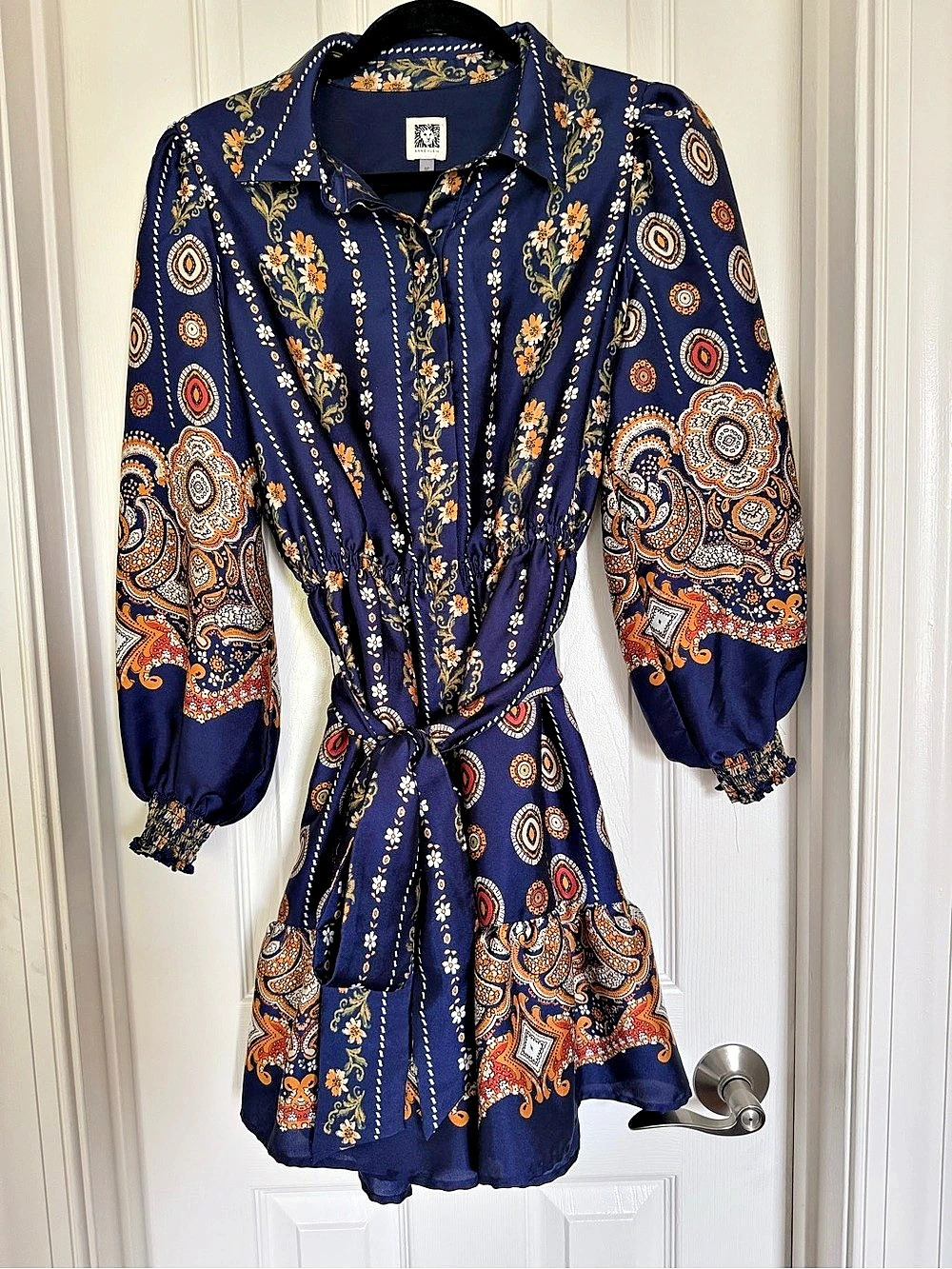 Anne Klein Floral Print Long Sleeve Satin Shirtdress Blue & Orange Size 6 Petite